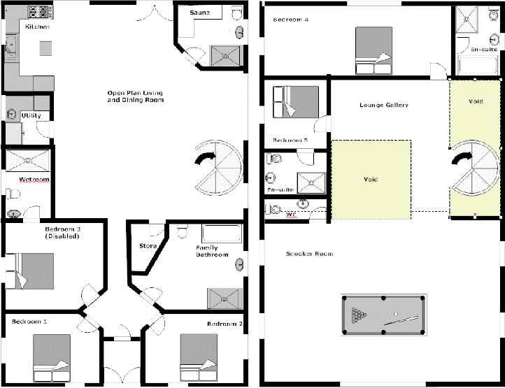 Open plan kitchen, dining, lounge with snooker table upstairs.